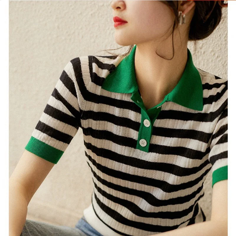 NiDELL Women's Clothing Wholesale . Spring and Summer New Sea Soul Style Contrast Color Striped Commuter Lapel Korean Style T-shirt Short Sleeve Sweater Basic T-Shirt Crew Neck Short Sleeve