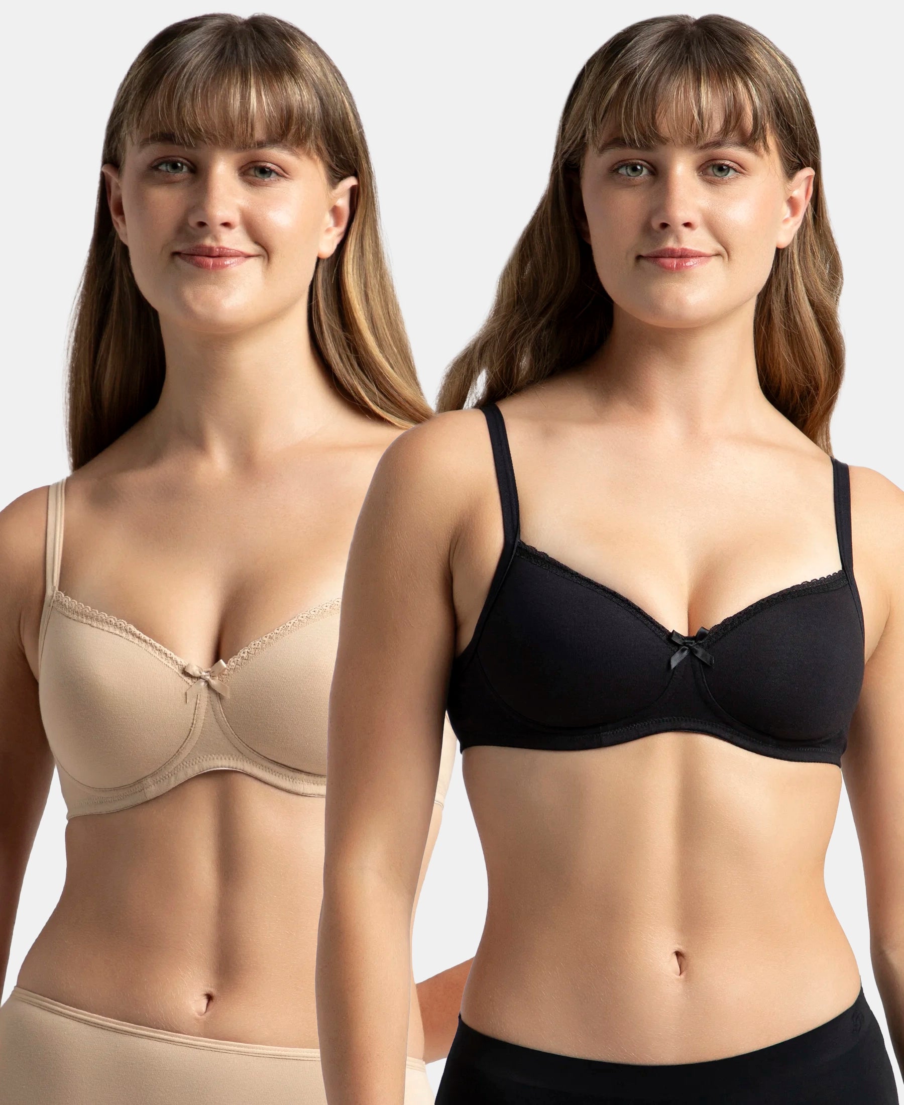 Pack of 2 Wirefree Padded Super Combed Cotton Elastane Stretch Medium Coverage T-Shirt Bra with Lace Styling - Black & Light Skin Rayon Velvet Corduroy Pack of 2 Wirefree Padded Super Combed Cotton Elastane Stretch Medium Coverage T-Shirt Bra with Lace Styling - Black & Light Skin Rayon Velvet Corduroy