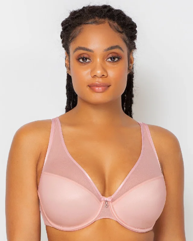 Sheer Mesh Plunge T-Shirt Bra - Blushing Rose Beaded Sequined Faux Fur