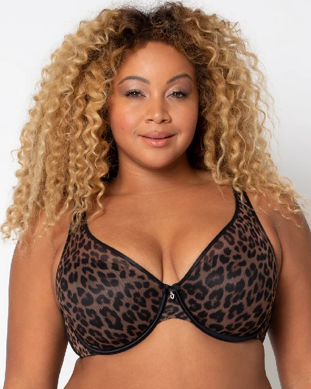 Sheer Mesh Plunge T-Shirt Bra - Designer Leopard Iron Safe Non-Iron Wrinkle Free