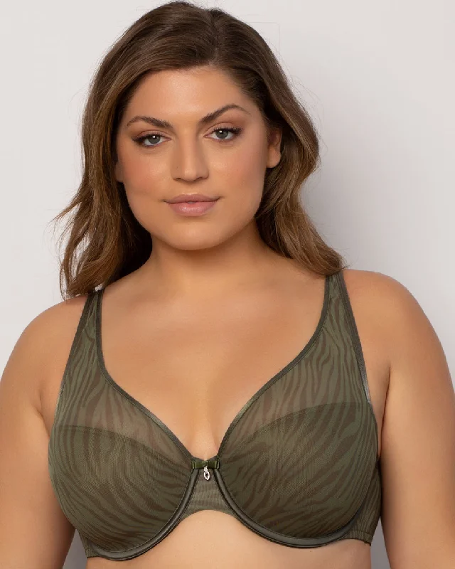 Sheer Mesh Plunge T-Shirt Bra - Olive Waves Chenille Brocade Lace