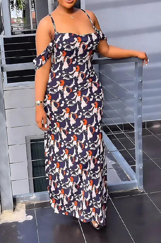 Abstract Print Glamorous Cold Shoulder Maxi Dress Elegant Sleeveless Maxi Dress