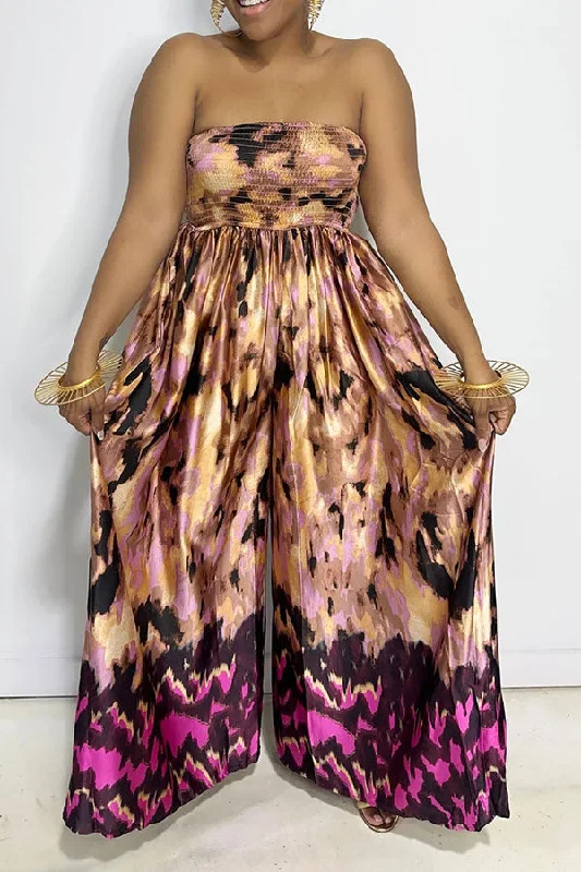 Abstract Print Kitsch Strap Shirred Bandeau Maxi Dress Comfortable Ruffle Maxi Dress