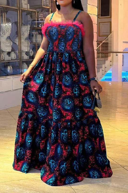Abstract Print Strap Shirred Stylish Mesh Ruffles Trim Maxi Dress Stylish Boho Maxi Dress