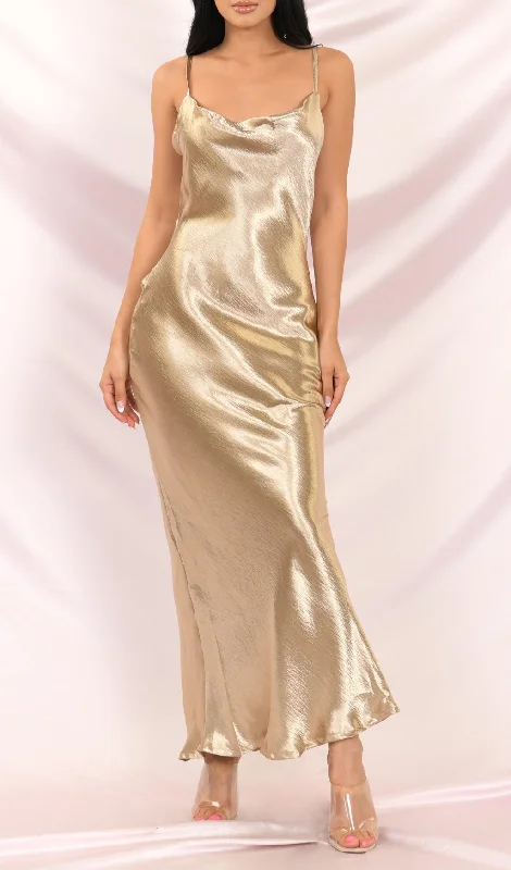 GOLD SATIN LOOSE SLIP SLEEVELESS BACKLESS MAXI DRESS Elegant Lace Maxi Dress