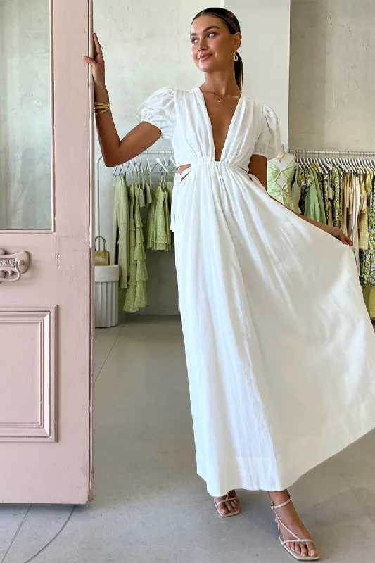 Ahoy Plunge Neckline Maxi Dress in White Stylish Button-Up Maxi Dress