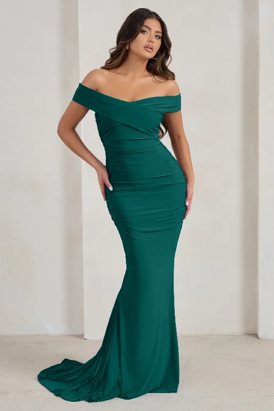 Apolline | Bottle Green Off The Shoulder Ruched Fishtail Maxi Dress Trendy Ruffled Maxi Dress