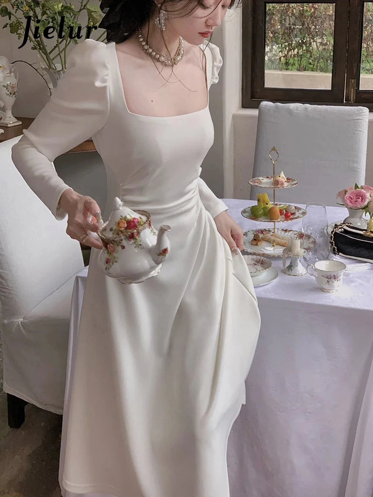 Autumn Chic Elegant Black White Maxi Dresses Long Sleeve Party Vestidos One Piece Slim Korean Spring Vintage Dress Women Trendy Off-Shoulder Ruffle Maxi Dress