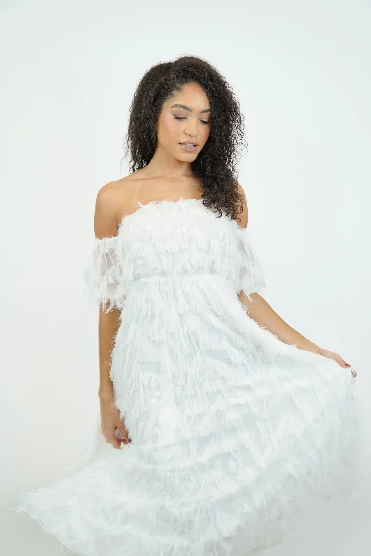 Bibi Feathered Maxi Dress in Ivory/White Elegant Boho Maxi Dress