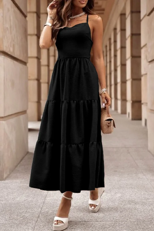 Black Crossover Backless Bodice Tiered Maxi Dress Stylish Maxi Dress with Frills