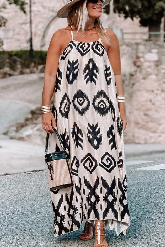 Black Plus Size Western Print Halter Maxi Dress Comfortable Flowy Maxi Dress