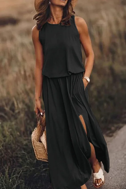 Black Solid Sleeveless Tunic Maxi Dress with Split Cozy Ruffle Sleeve Maxi Dress