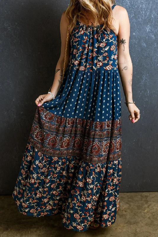 Blue Boho Floral Splicing Sleeveless Maxi Dress Elegant Boho Maxi Dress