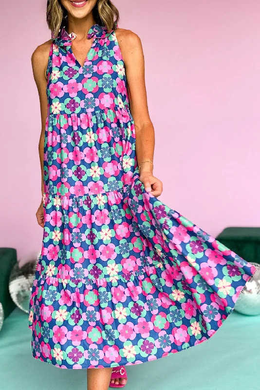 Blue Floral Print Frilly Neck Sleeveless Tiered Maxi Dress Cozy Ruffle Sleeve Maxi Dress Blue Floral Print Frilly Neck Sleeveless Tiered Maxi Dress Cozy Ruffle Sleeve Maxi Dress