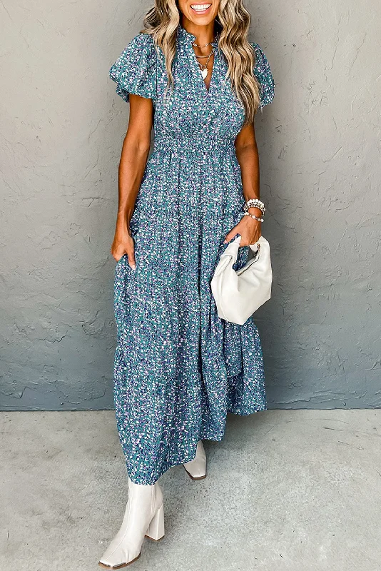 Blue Printed V Neck Shirred Short Puff Sleeve Maxi Dress Elegant Floral Maxi Dress