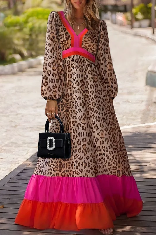Brown Leopard Color Block V Neck Loose Fit Maxi Dress Fashionable Button-Down Maxi Dress Brown Leopard Color Block V Neck Loose Fit Maxi Dress Fashionable Button-Down Maxi Dress