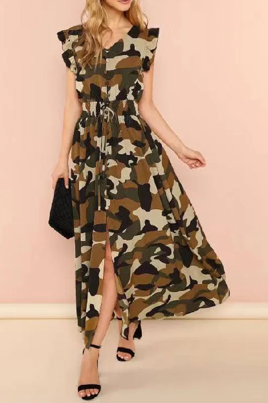 Camouflage Unique Ruffles Single Breasted A-Line Maxi Dress Fashionable Off-Shoulder Maxi Dress