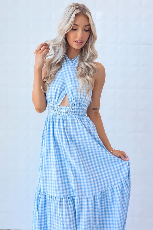 Chelsea Gingham Maxi Dress - Baby Blue or Baby Pink Casual Maxi Dress with Pockets