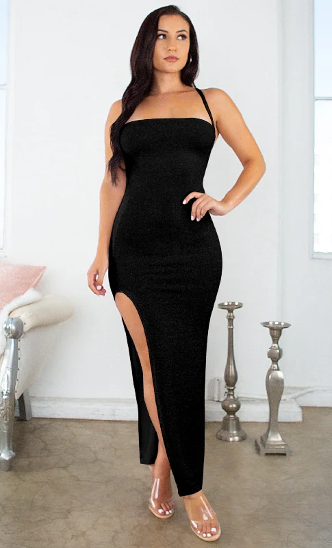 Cold Stare Black Glitter Sparkle Sleeveless Crisscross Spaghetti Strap Square Neck Backless High Slit Bodycon Maxi Dress Comfortable Ruffle Maxi Dress