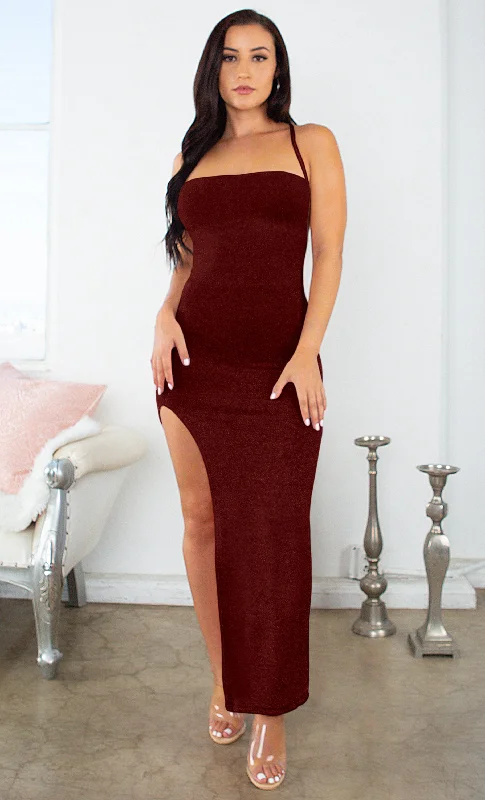 Cold Stare Burgundy Glitter Sparkle Sleeveless Crisscross Spaghetti Strap Square Neck Backless High Slit Bodycon Maxi Dress Comfortable Plunging Neckline Maxi Dress