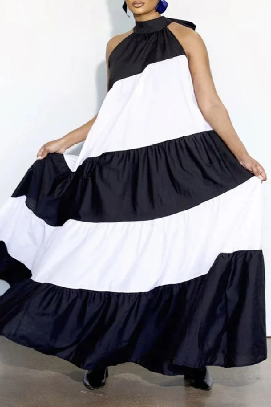 Color Block Halter Collar Whimsical Flowy Tiered Maxi Dress Stylish Boho Chic Maxi Dress