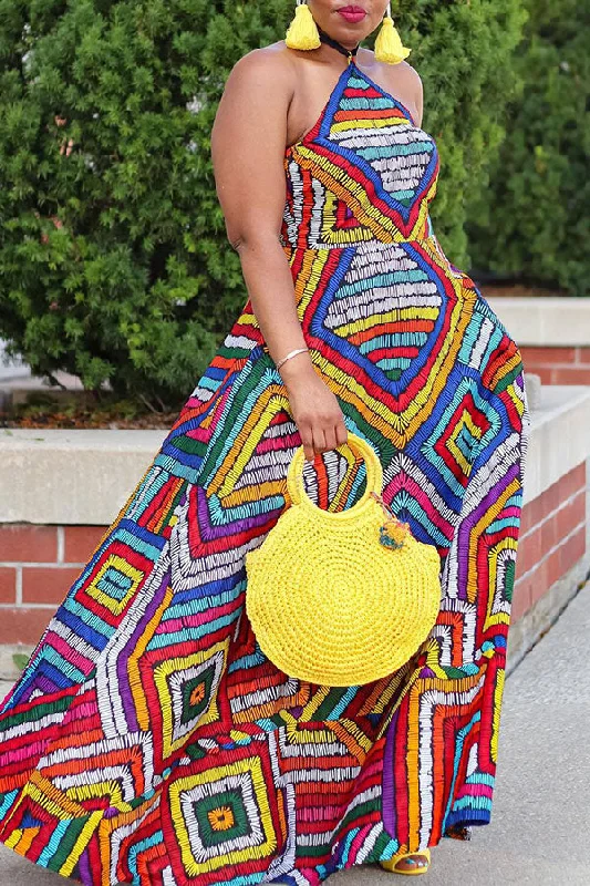 Colorful Geometric Print Halter Collar Swing Maxi Dress Elegant Silk Maxi Dress