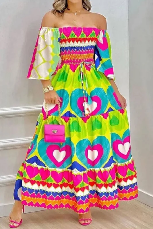 Colorful Heart Print Off Shoulder Tiered Maxi Dress Elegant Wraparound Maxi Dress