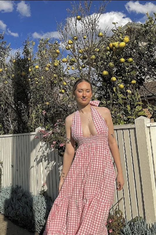 Chelsea Gingham Maxi Dress - Baby Pink Cozy Knit Maxi Dress