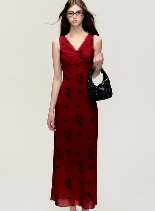 Crimson Blossom Sleeveless Maxi Dress Comfortable Satin Maxi Dress