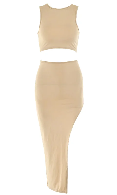 Cutting Close Beige Nude Sleeveless Round Neckline Crop Top High Waist Side Slit Bodycon Two Piece Maxi Dress Fashionable High-Low Maxi Dress