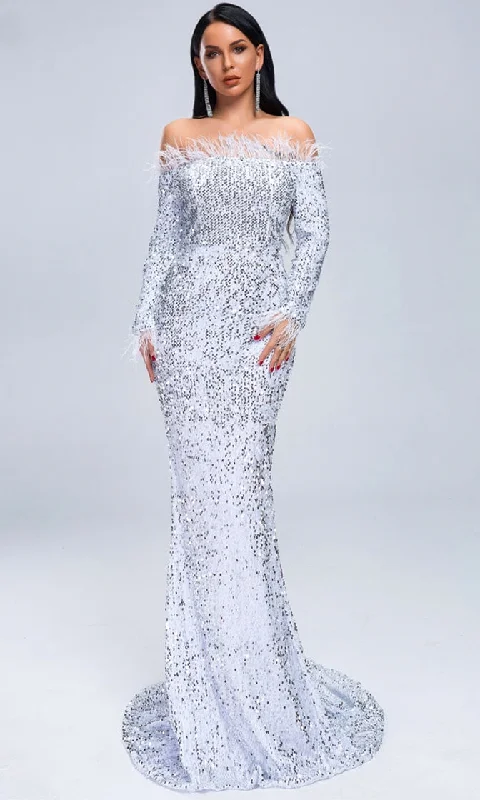 Dangerous Liaison Silver Stretchy Sequin Long Sleeve Feather Off The Shoulder Maxi Dress Chic Summer Maxi Dress