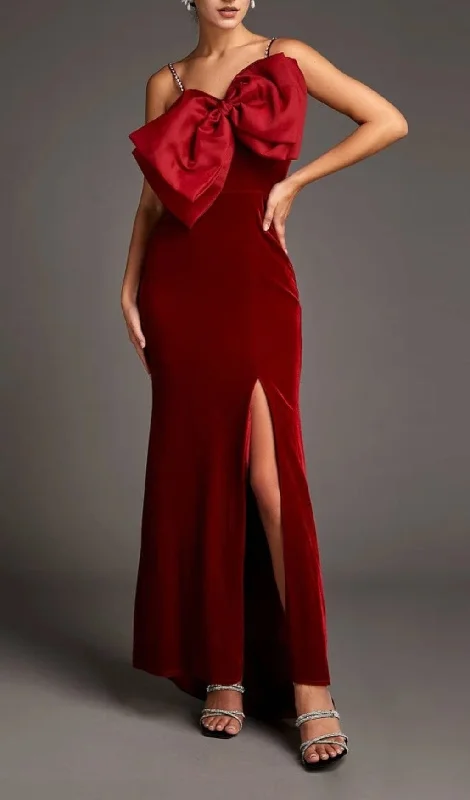 DARK RED FRONT BOW SIDE SLIT MERMAID MAXI DRESS Trendy Maxi Dress with Belt