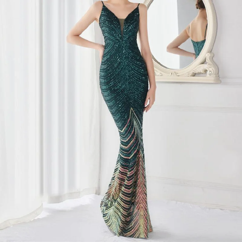 Eleanor V-neck Tassel Glitter Sequins Fishtail Maxi Dress Elegant Maxi Dress with Belt