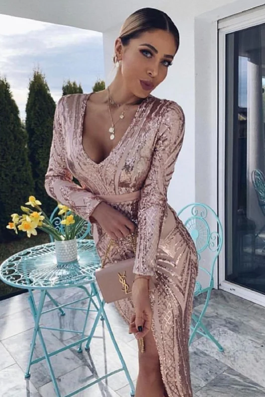 Elite Vip Rose Gold Nude Sequin Illusion Middle Slit Maxi Dress Elegant Wraparound Maxi Dress