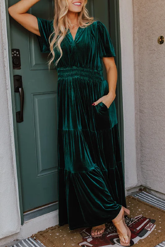 Evergreen Velvet Short Sleeve Shirred Waist Tiered Maxi Dress Elegant Maxi Dress with Lace