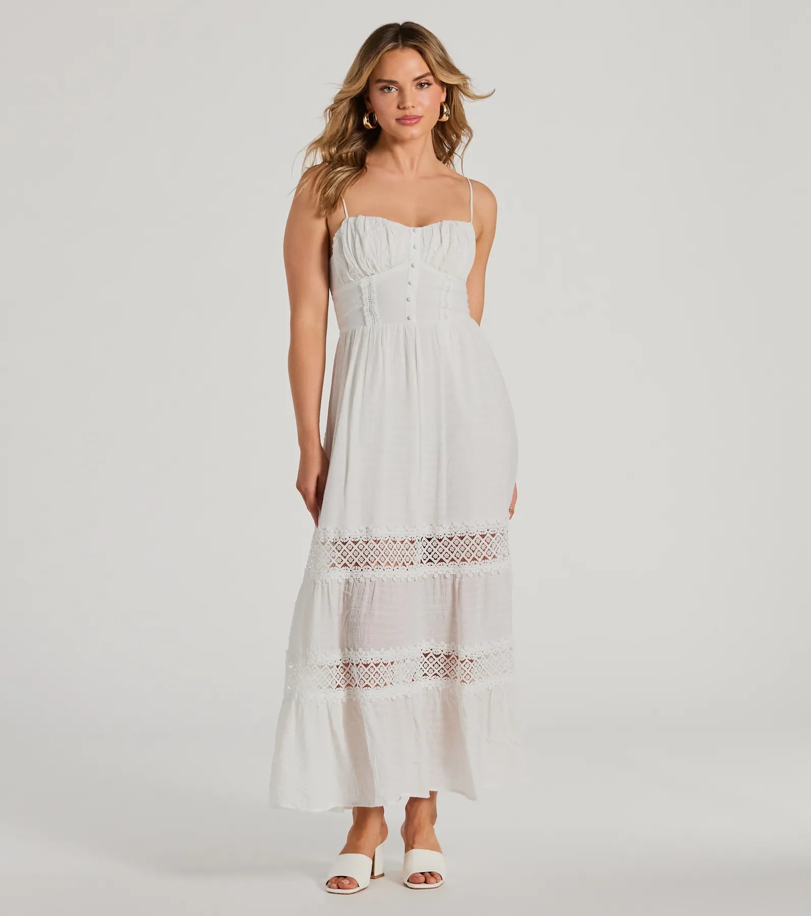 Feel The Romance Sweetheart Button Lace Trim Maxi Dress Stylish Longline Maxi Dress