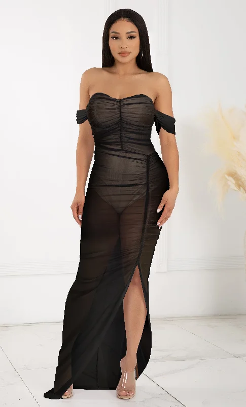 Feeling Sultry <span><br> Black Sheer Mesh Ruched Short Sleeve Off The Shoulder V Neck Side Slit Bodycon Maxi Dress</span> Comfortable Long-Sleeve Maxi Dress