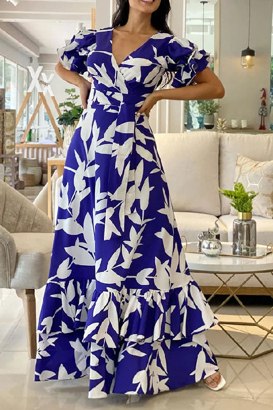 Floral Print Glamorous Belted Ruffled Maxi Dress Elegant Maxi Dress with Lace