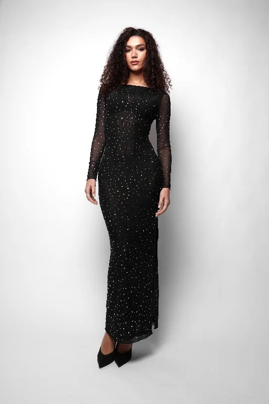 Gemmy Mesh Long Sleeve Maxi Dress in Hotfix Jewel Fashionable Open-Back Maxi Dress