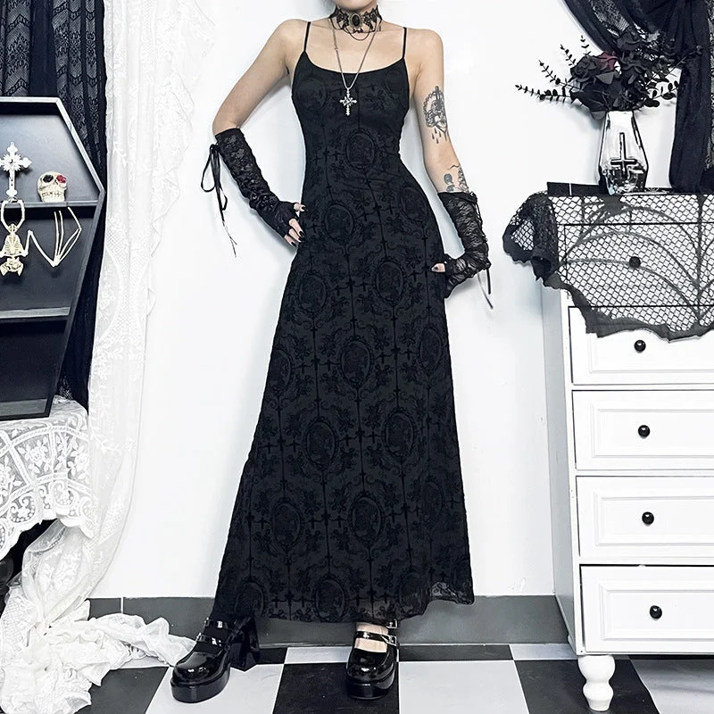 Gothic Black Cross Print Sleeveless Maxi Dress Fashionable High-Low Maxi Dress