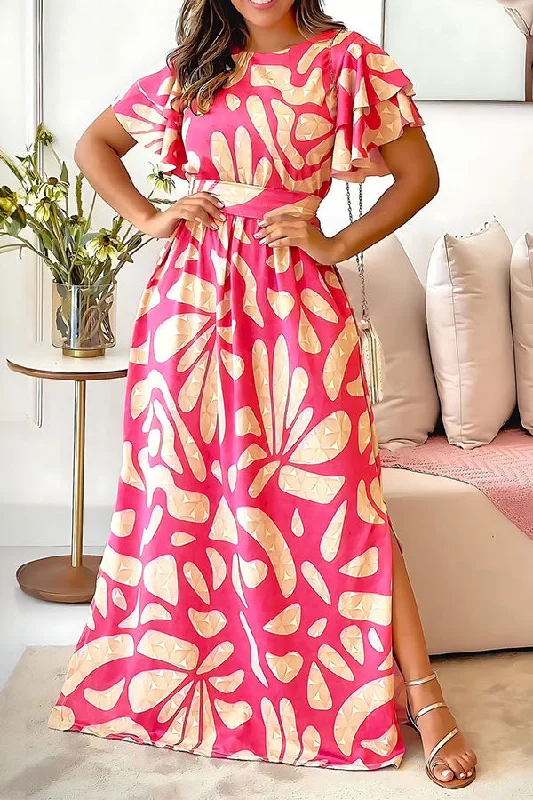 Graphic Print Ruffle Sleeve Urban Belted Side Slit Maxi Dress Chic Boho Print Maxi Dress Graphic Print Ruffle Sleeve Urban Belted Side Slit Maxi Dress Chic Boho Print Maxi Dress