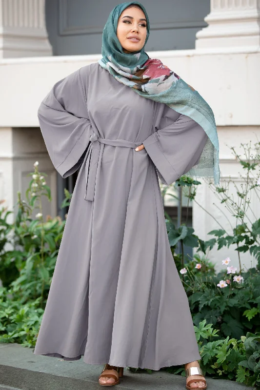 Gray Kimono Sleeve Abaya Maxi Dress Cozy Cold-Shoulder Maxi Dress