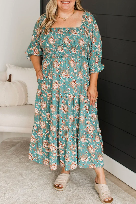 Green Plus Size Floral Print Square Neck Smocked Maxi Dress Stylish Button-Up Maxi Dress Green Plus Size Floral Print Square Neck Smocked Maxi Dress Stylish Button-Up Maxi Dress