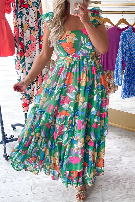 Green Plus Size Floral Smocked Back Tiered Maxi Dress Stylish A-Line Maxi Dress