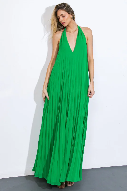 Halter Pleated Maxi Dress Cozy Open-Back Maxi Dress