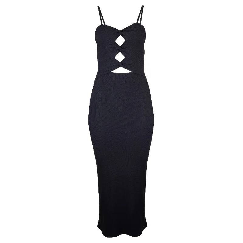 Heidi Cutout Detail Ribbed Maxi Dress - Black Stylish V-Neck Maxi Dress