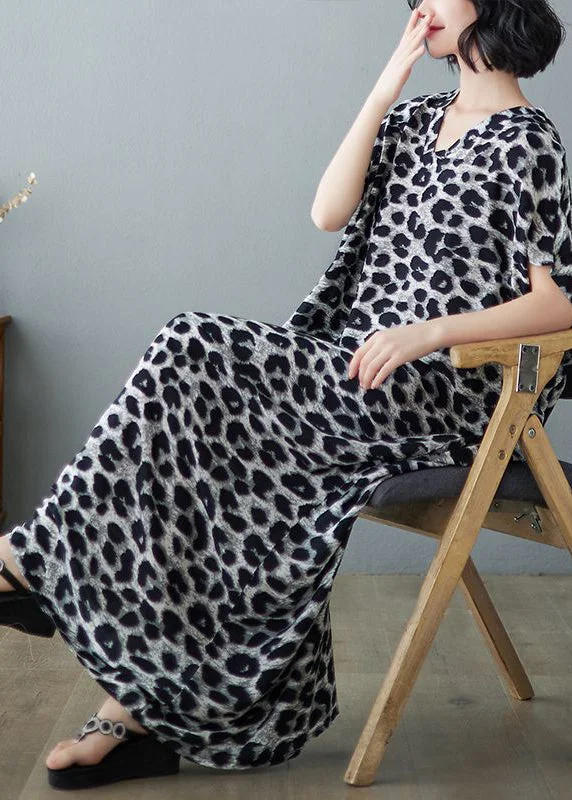 Italian Grey Leopard Print Oversized Linen Maxi Dress Summer Stylish Long Sleeve Maxi Dress