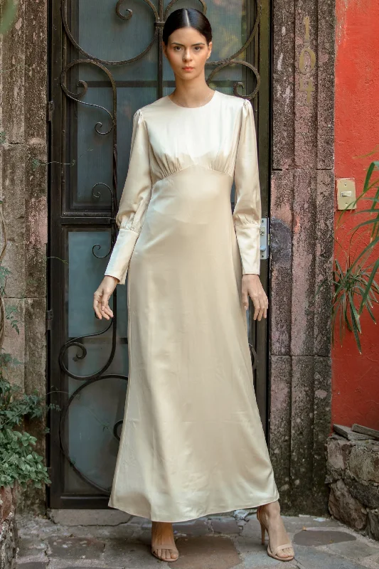 Cream Satin Long Sleeve Maxi Dress Comfortable Maxi Dress with Sleeves