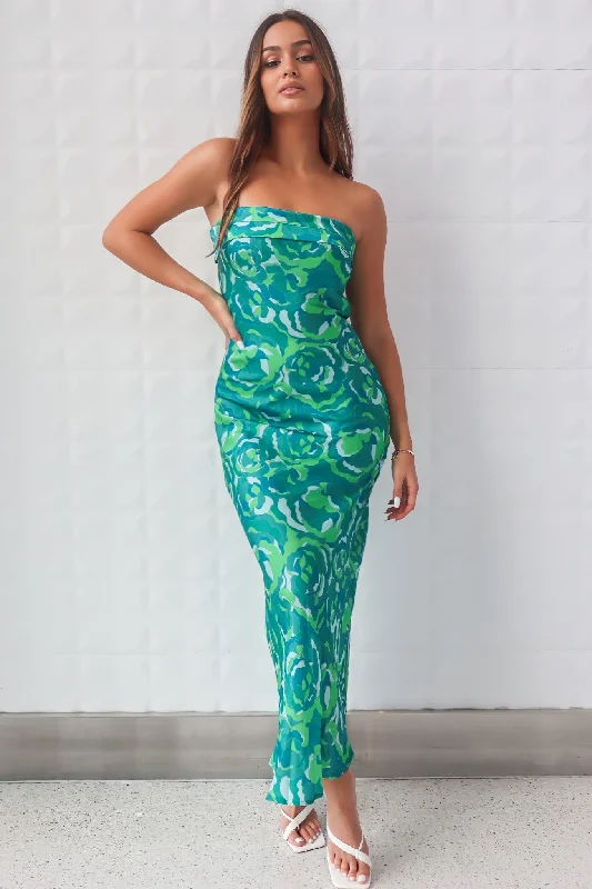 Kyra Satin Maxi Dress - Green Print Elegant Maxi Dress with Pockets