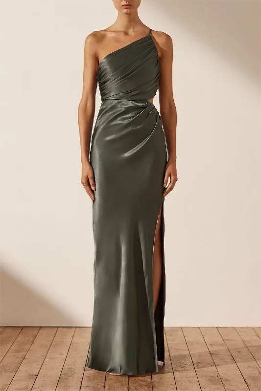 La Lune Asymmetrical Gathered Maxi Dress in Olive Trendy Maxi Dress with Straps